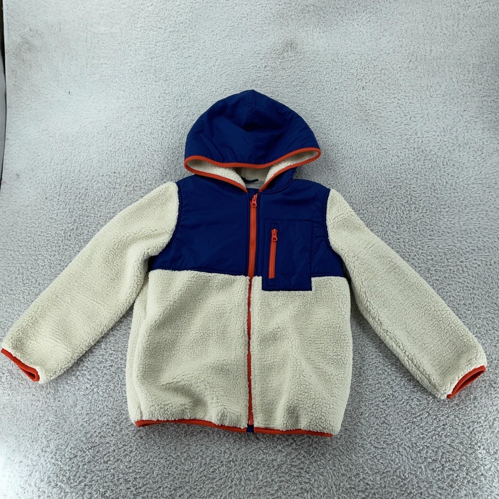 GAP Kids Jacket Youth Medium 8 Blue Cream Sherpa Fleece Hooded Full Zip Pocket